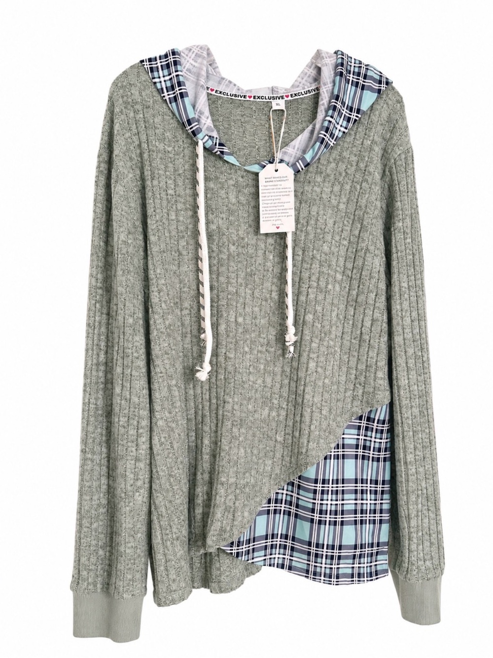 NWT Exclusive XL Ribbed Hooded Knit Top Plaid Layered Look Gray Blue